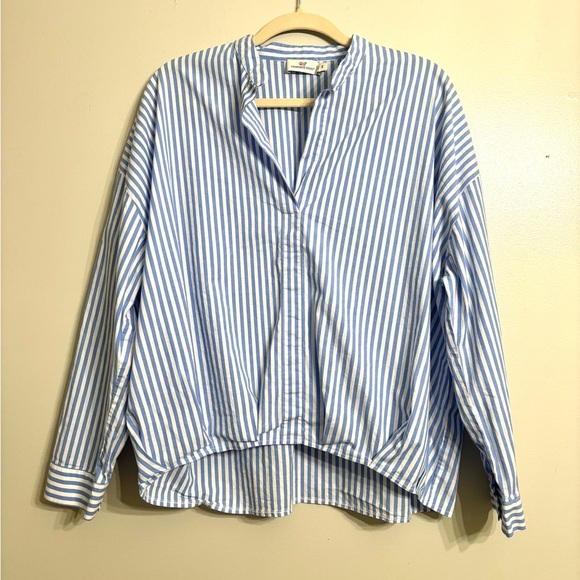 Vineyard Vines Tops - VINEYARD VINES Popover Top Blue White Striped Roll Tab Sleeves Blouse
